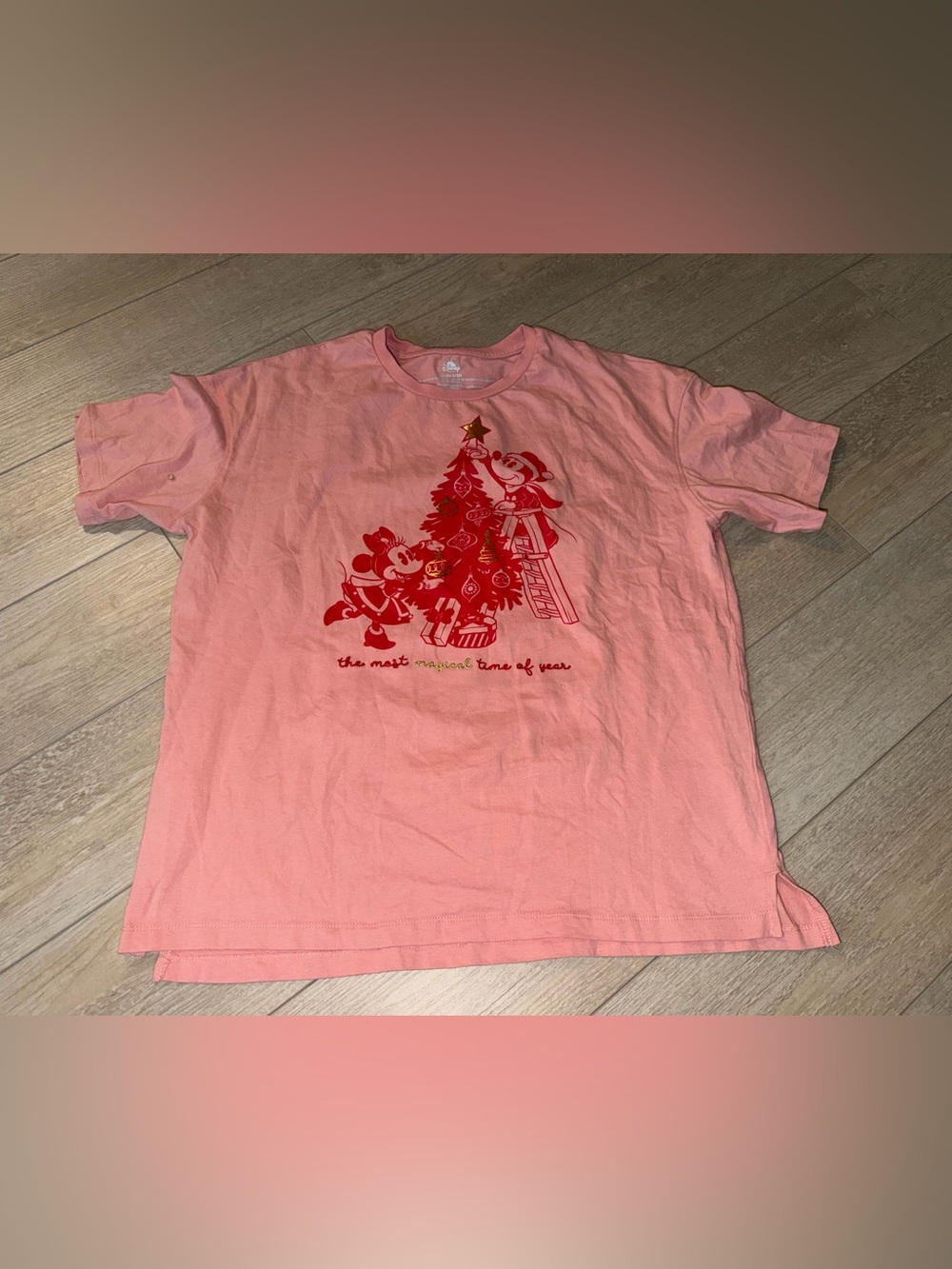 Disney Pink Short Sleeve Tee with Red Holiday Mickey & Minnie Graphic